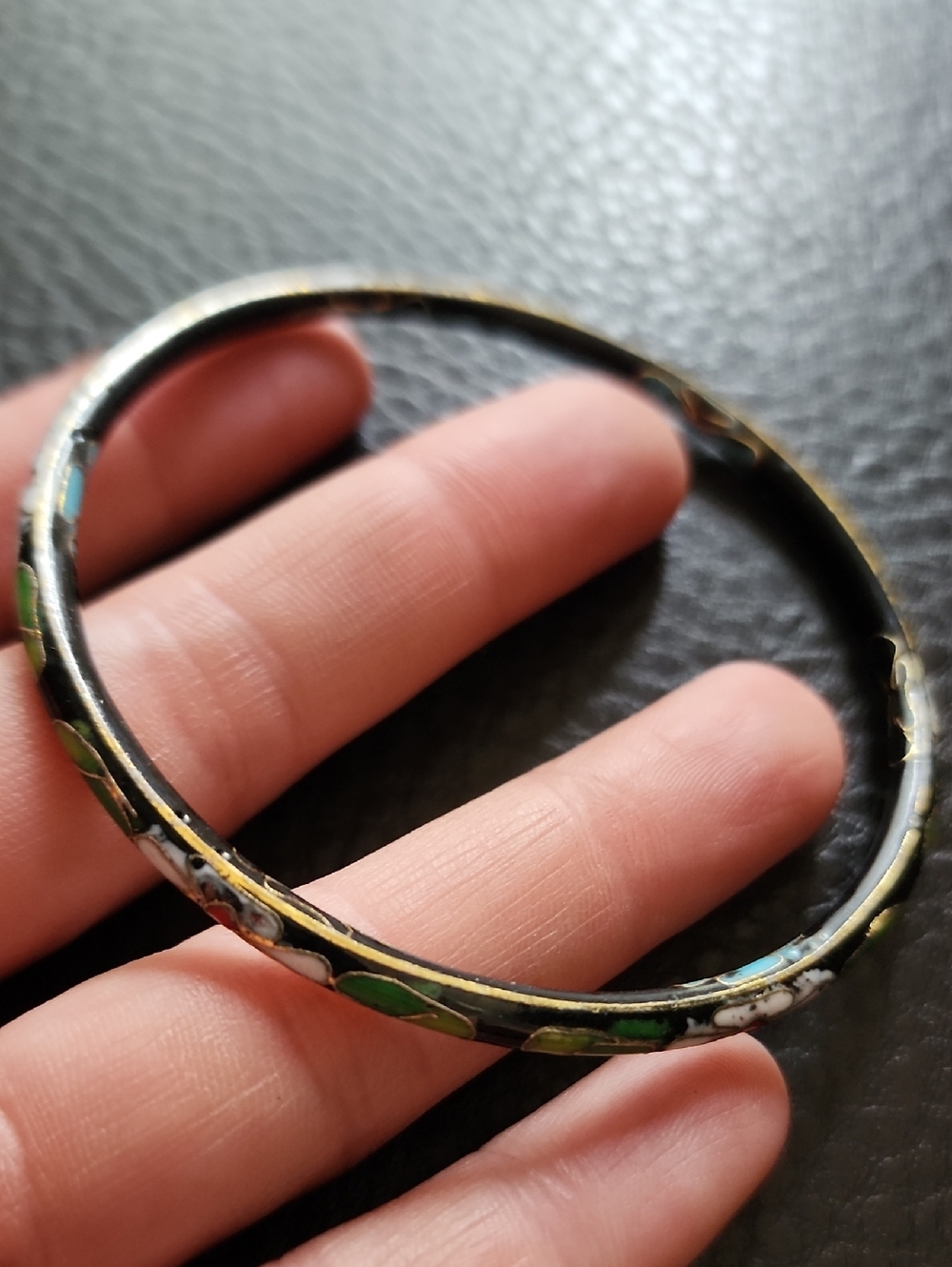 VTG Gold-Tone Floral Cloisonné Bangle Bracelet - Green & White